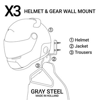Gray steel X3 helmet &amp; gear wall mount Gun Metal