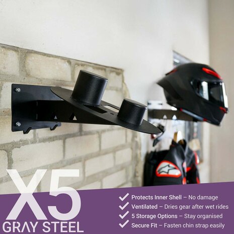 Gray steel X5 helmet & gear wall mount Matt Black
